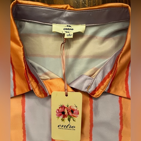 ENTRO Striped Long Sleeve Satin Like Button Down With Gold Buttons NWT - Picture 5 of 13